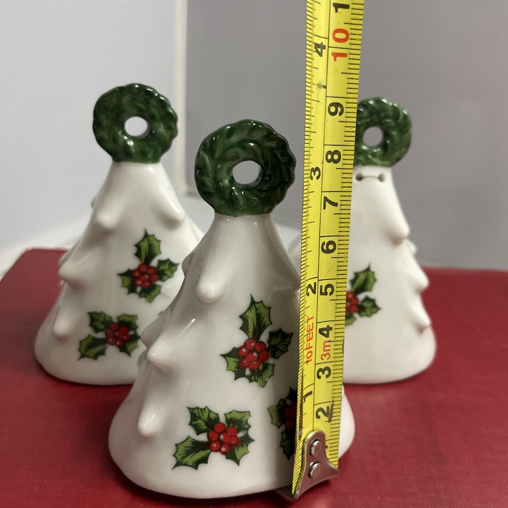 Lefton Christmas Ornament Set Of 3 Bell Holly #457 Vintage 3.5" Porcelain Japan - Picture 10 of 11